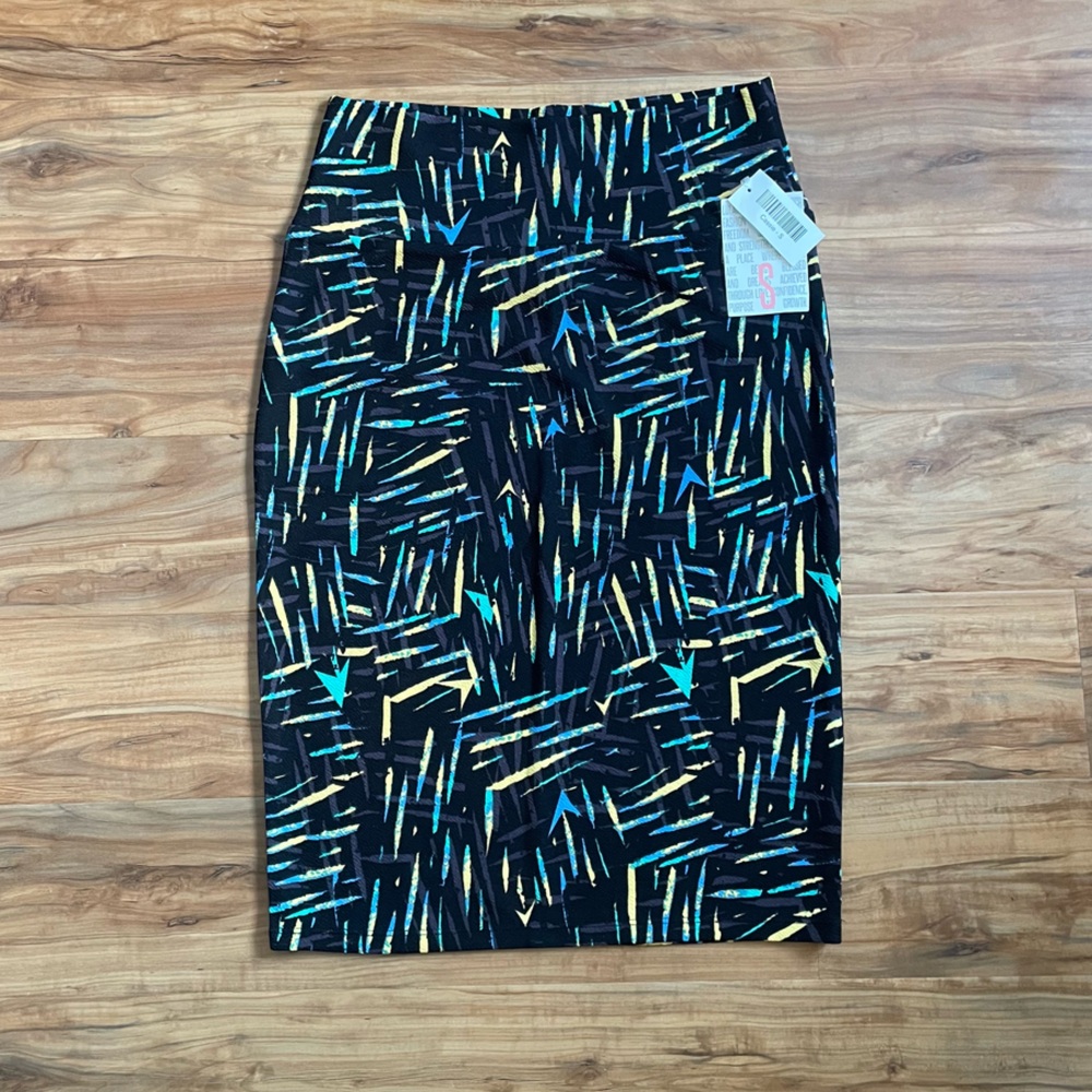 LuLaRoe S Cassie Pencil Skirt - Black Blue Yellow Pattern MIDI Neon 80s 90s